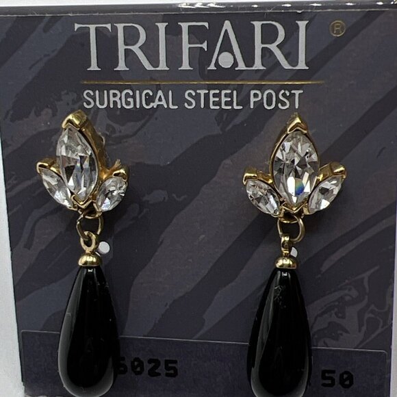 Trifari Pierced Earrings Rhinestone Black Dangle - Picture 1 of 3